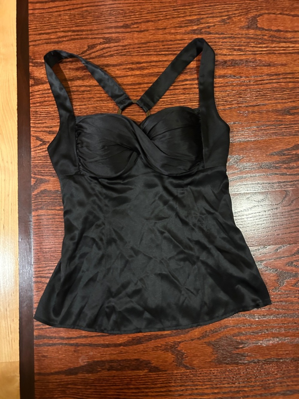 bebe Black Satin Halter Top with Ring Detail